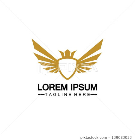 Golden winged shield with crown logo / heraldry symbol isolated white background Golden winged shield with crown logo / heraldry symbol isolated white background 139083033