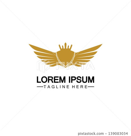 Golden winged shield with crown logo / heraldry symbol isolated white background Golden winged shield with crown logo / heraldry symbol isolated white background 139083034