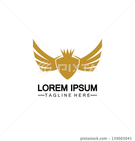 Golden winged shield with crown logo / heraldry symbol isolated white background 139083041