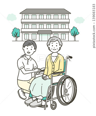 一位坐在輪椅上的老婦人和一位女護理員站在一家養老院前。 139083183