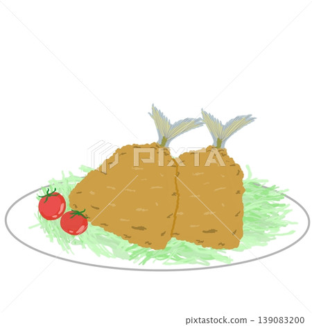 An illustration of two fried horse mackerel, shredded cabbage, and cherry tomatoes served on a white plate. 139083200