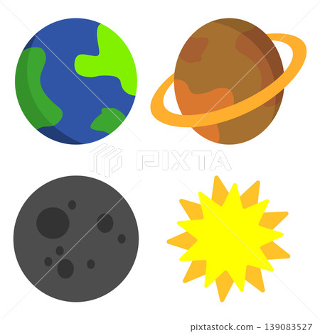 Flat space icons set with Earth, Saturn, Moon and Sun. Vector illustration Flat space icons set with Earth, Saturn, Moon and Sun. Vector illustration 139083527