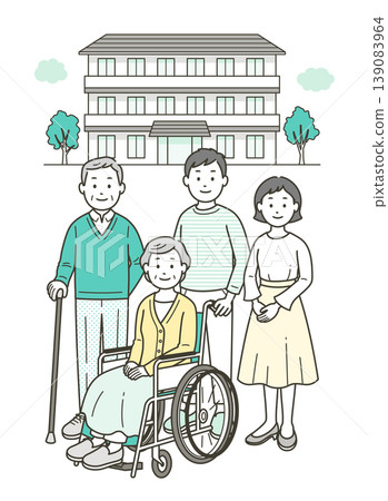 An elderly couple (an elderly woman and man in wheelchairs) and a young couple are standing in front of a nursing home. An elderly couple (an elderly woman and man in wheelchairs) and a young couple are standing in front of a nursing home. 139083964