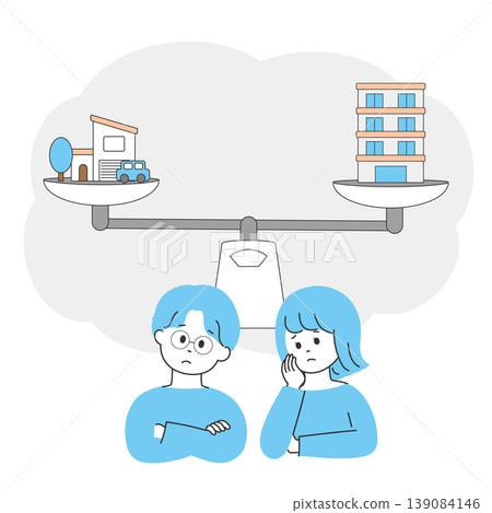 An illustration of a young couple struggling to decide whether to own or rent a home. An illustration of a young couple struggling to decide whether to own or rent a home. 139084146