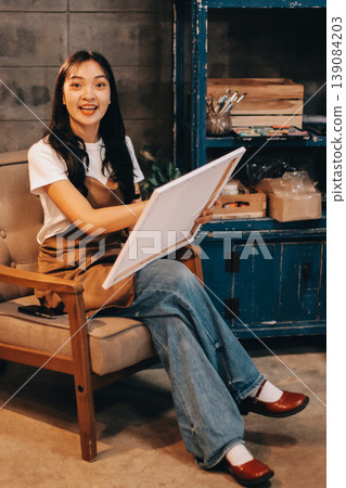 Female artist wears black hat posing near picture indoor the studio Female artist wears black hat posing near picture indoor the studio 139084203