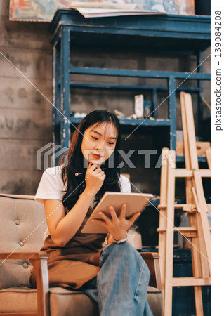 Female artist wears black hat posing near picture indoor the studio Female artist wears black hat posing near picture indoor the studio 139084208