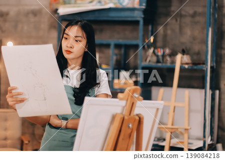 Female artist wears black hat posing near picture indoor the studio Female artist wears black hat posing near picture indoor the studio 139084218