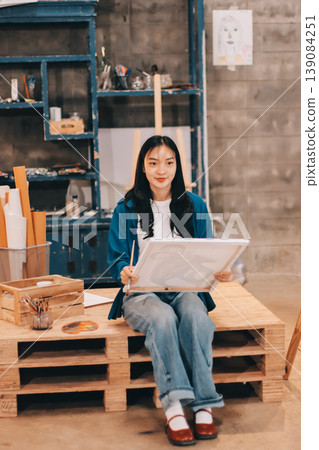 Female artist wears black hat posing near picture indoor the studio Female artist wears black hat posing near picture indoor the studio 139084251