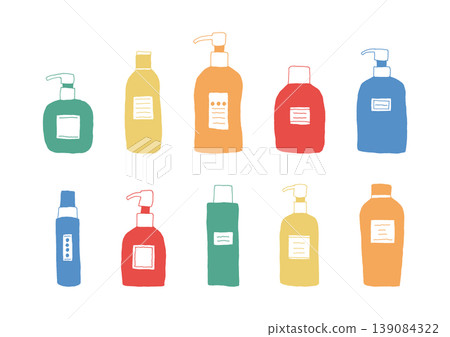 A set of hand-drawn illustrations of various shaped containers with labels (colorful). A set of hand-drawn illustrations of various shaped containers with labels (colorful). 139084322