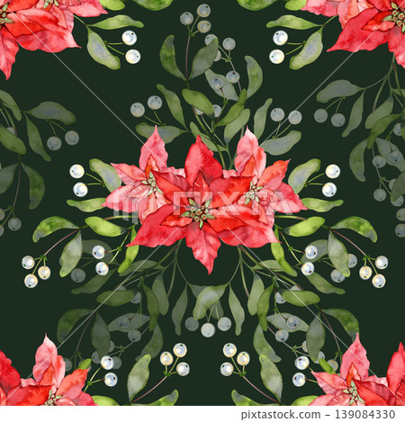 Hand drawn watercolor seamless pattern of festive floral bouquets. This elegant holiday design features vibrant red poinsettias and delicate mistletoe branches with white pearlescent berries, perfect 139084330