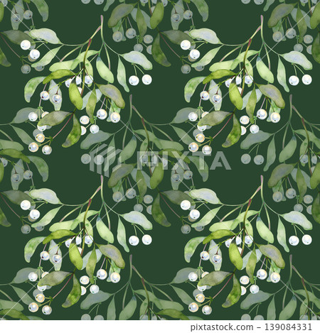 Hand drawn watercolor seamless pattern of delicate mistletoe branches. This festive botanical design features soft green leaves and pearlescent white berries arranged in a repeating layout, perfect 139084331