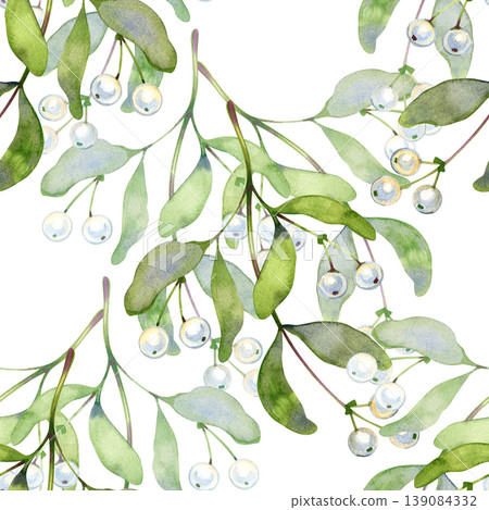 Hand drawn watercolor seamless pattern of delicate mistletoe branches. This festive botanical design features soft green leaves and pearlescent white berries arranged in a repeating layout, perfect 139084332