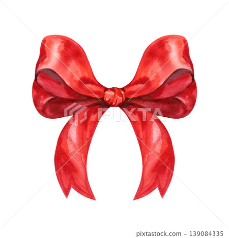 Hand drawn watercolor illustration of a beautiful red silk bow. This elegant festive knot features rich crimson gradients and realistic textile folds, perfect for Christmas gifts and luxury holiday Hand drawn watercolor illustration of a beautiful red silk bow. This elegant festive knot features rich crimson gradients and realistic textile folds, perfect for Christmas gifts and luxury holiday 139084335