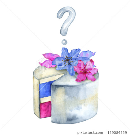 Hand drawn watercolor illustration of a gender reveal cake. This festive composition features a cut cake revealing blue and pink interior layers, topped with vibrant blue and pink flowers and a large Hand drawn watercolor illustration of a gender reveal cake. This festive composition features a cut cake revealing blue and pink interior layers, topped with vibrant blue and pink flowers and a large 139084339