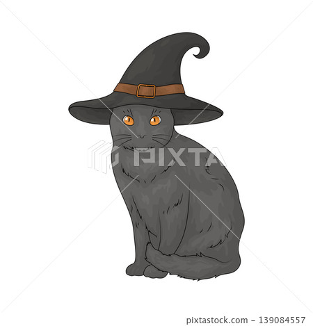 Illustration of Halloween Black Cat Wearing Witch Hat Illustration of Halloween Black Cat Wearing Witch Hat 139084557