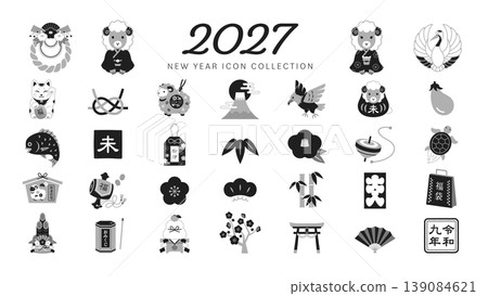New Year's card illustration and icon set for the Year of the Sheep (January 2027) / Monochrome New Year's card illustration and icon set for the Year of the Sheep (January 2027) / Monochrome 139084621