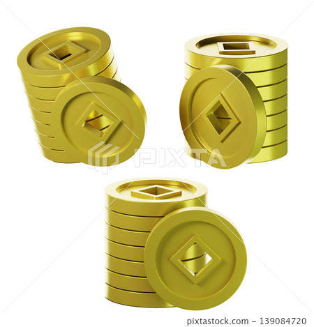 3d Chinese stacked coins on three points of view. Isolated on transparent background. 3D illustration. High resolution 3d Chinese stacked coins on three points of view. Isolated on transparent background. 3D illustration. High resolution 139084720