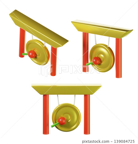 3d Chinese gong on three points of view. Isolated on transparent background. 3D illustration. High resolution 139084725