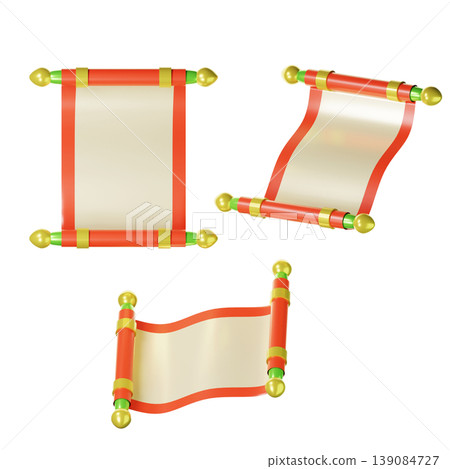 3d Chinese rolls of paper on three points of view. Isolated on transparent background. 3D illustration. High resolution 139084727