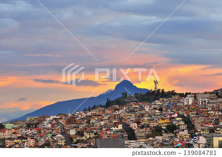 Quito cityscape at sunset showing el panecillo virgin statue 139084781