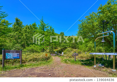 A signpost at the bell junction in Yunomaru Plateau, Tsumagoi Village, Gunma Prefecture (present-day Tomi City, Nagano Prefecture), amidst the fresh greenery. A signpost at the bell junction in Yunomaru Plateau, Tsumagoi Village, Gunma Prefecture (present-day Tomi City, Nagano Prefecture), amidst the fresh greenery. 139084836