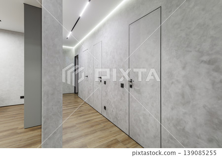 Minimalist Hallway Perspective with Hidden Flush Doors Minimalist Hallway Perspective with Hidden Flush Doors 139085255