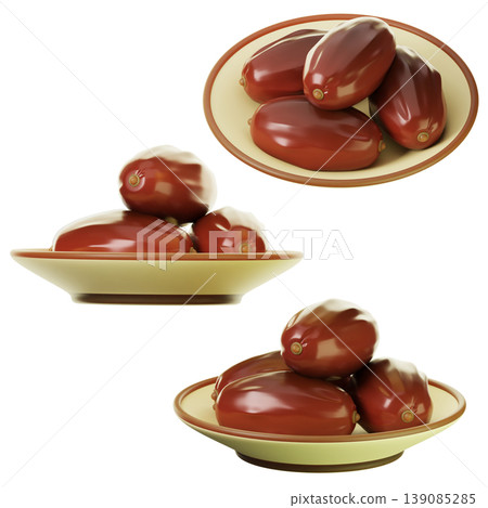 3D Icon Ramadan a plate of dates on three points of view. On transparent background. 3D illustration. High resolution 139085285