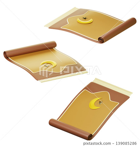 3D Icon Ramadan prayer mat on three points of view. On transparent background. 3D illustration. High resolution 139085286