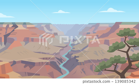 Flat Design Blue River Escaping Through Red Labyrinths Flat Design Blue River Escaping Through Red Labyrinths 139085342