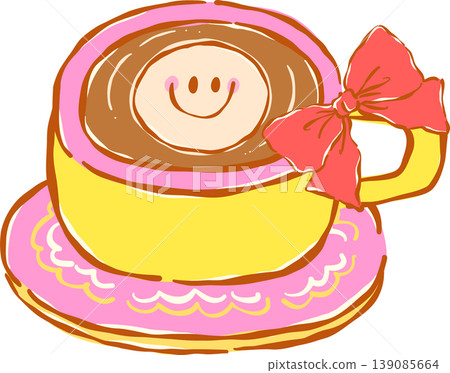 Preppy Cute Coffee Cup With Red Bow and Smiling Face Whimsical Hand Drawn 139085664