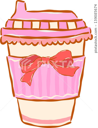 Preppy Coffee Takeaway Pink Drink Cup with Bow  Whimsical Hand Drawn 139085674