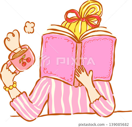 Preppy Cozy Bookish Woman Reading Book With Coffee Whimsical Hand Drawn Preppy Cozy Bookish Woman Reading Book With Coffee Whimsical Hand Drawn 139085682