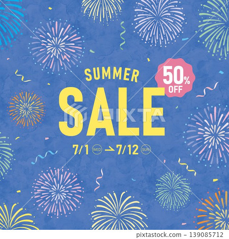 絢麗的煙火和夏季促銷折扣公告橫幅背景 139085712