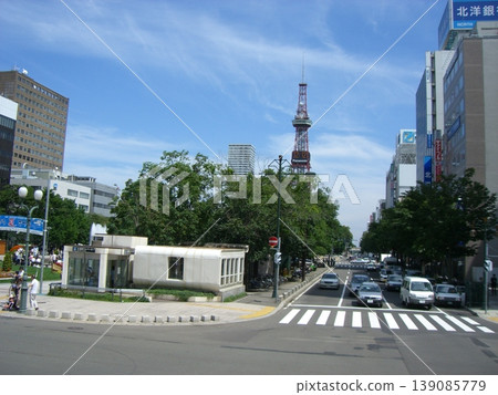 A view of Sapporo's Odori Park and Sapporo TV Tower: A summer streetscape of Hokkaido. 139085779