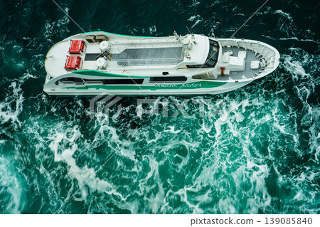 Naruto Bridge Promenade: Whirlpools (spring tide) and sightseeing boats from the Uzunomichi (Whirlpool Walkway) [Naruto City, Tokushima Prefecture] 139085840