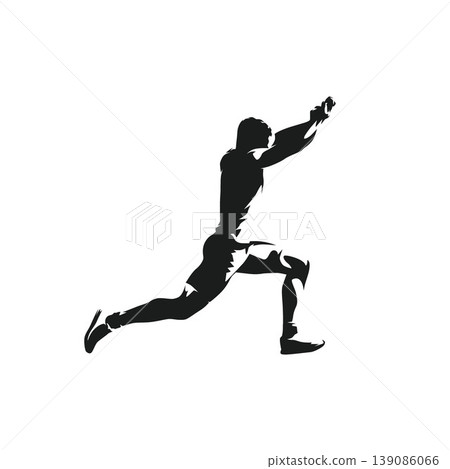 High contrast vector silhouette of a male athlete jumping in motion. Side view of a man pushing off with one leg, the other bent forward and arms raised above the head. Dynamic illustration suitable High contrast vector silhouette of a male athlete jumping in motion. Side view of a man pushing off with one leg, the other bent forward and arms raised above the head. Dynamic illustration suitable 139086066