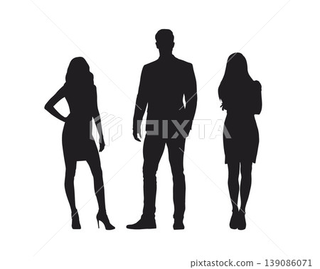 Business people, group of business man and two women. Standing office people, isolated vector silhouette 139086071