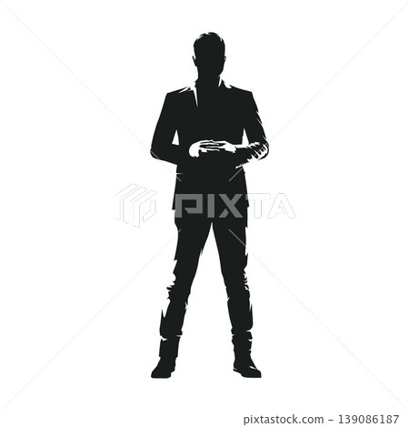 Businessman standing with hands clasped above the waist. Isolated vector illustration. Front view of a male figure in a suit, isolated in a minimal corporate style. Clean business illustration Businessman standing with hands clasped above the waist. Isolated vector illustration. Front view of a male figure in a suit, isolated in a minimal corporate style. Clean business illustration 139086187