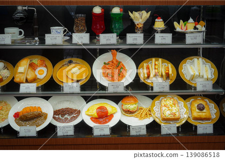 Food samples (showcases) displayed outside Japanese coffee shops Food samples (showcases) displayed outside Japanese coffee shops 139086518