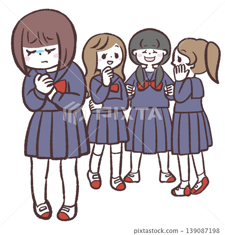 An illustration of a female student who can't fit in with a group of people. An illustration of a female student who can't fit in with a group of people. 139087198