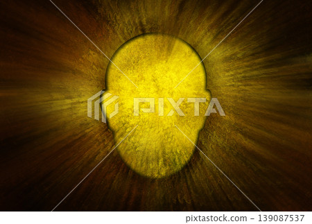 An art image featuring a dark, classical oil painting-style background with a golden, luminous pattern, and a shadowy space with a glowing human head silhouette. 139087537