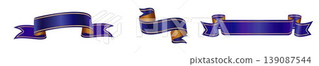 Blue ribbon set with gold edging. Blue satin ribbon icons. Royalty ribbon. Realistic illustration of blue satin ribbon icons for web design, luxury branding, certificates, or festive design elements. 139087544