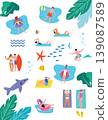 A set of illustrations of people playing in pools and the sea. 139087589