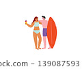 An illustration of a couple with their arms around each other's shoulders on the beach. 139087593