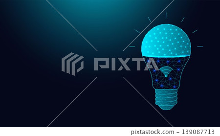 Low poly wireframe smart lightbulb on dark blue background. 139087713