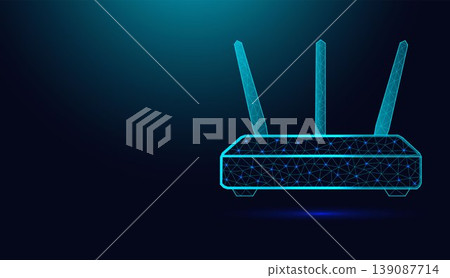 Low poly wireframe Wi-Fi router on dark blue background. Low poly wireframe Wi-Fi router on dark blue background. 139087714