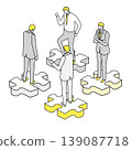 Isometric line drawing illustration of a business team standing on scattered puzzle pieces. 139087718