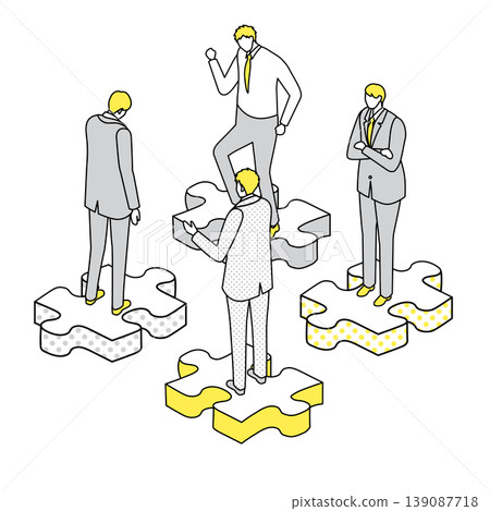 Isometric line drawing illustration of a business team standing on scattered puzzle pieces. 139087718