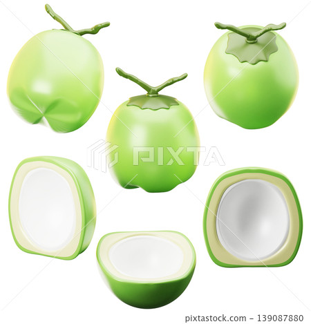 3D Icon fresh young coconut on three points of view. On transparent background. On transparent background. 3D illustration. High resolution 3D Icon fresh young coconut on three points of view. On transparent background. On transparent background. 3D illustration. High resolution 139087880