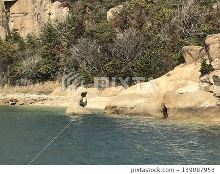 在瀨戶內海一座島嶼上的岩石上，一名女子正在祈禱。 139087953